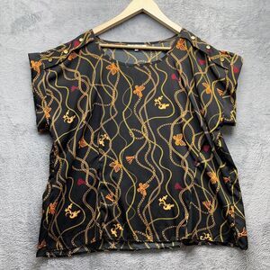 Vintage Elegant Top Womens 2X Black Chain Tassel Short Sleeve Blouse Modest XXL